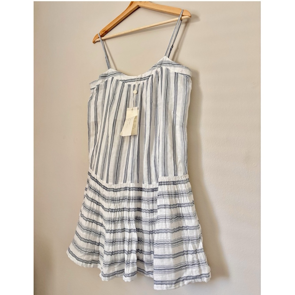 Striped Coastal Beachy Striped Blue Babydoll Tiered Mini Cotton Dress